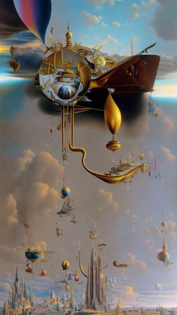 Surrealist painting with floating ships, clocks, and architecture against cloudy sky