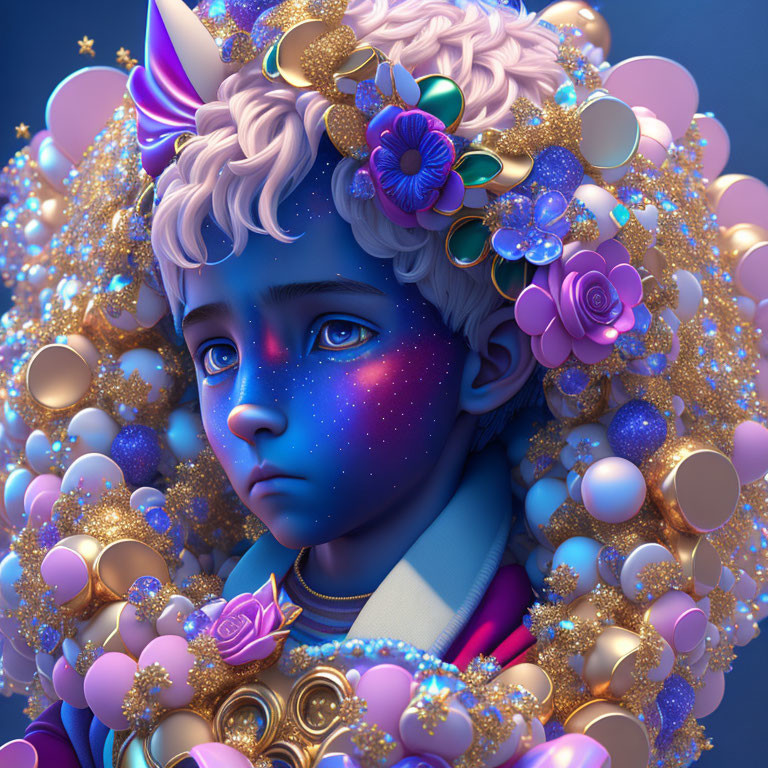 Fantasy portrait of child with blue skin, star-speckled cheeks, golden ornaments, flowers,