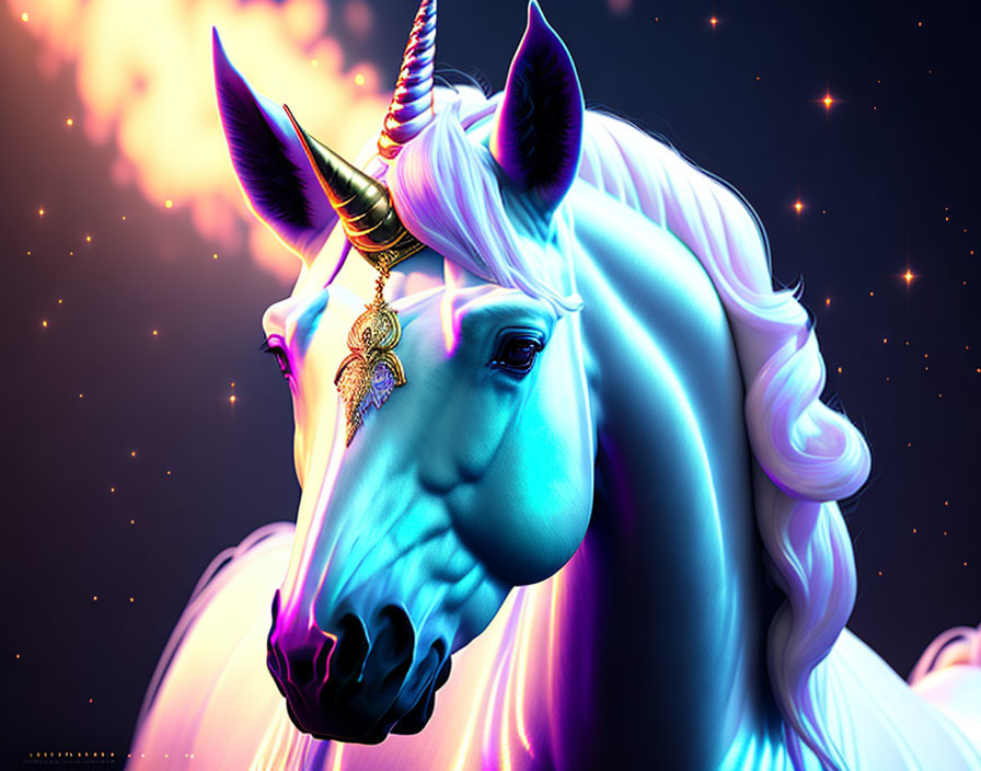 Colorful Unicorn with Twisted Horn on Dark Blue and Purple Background