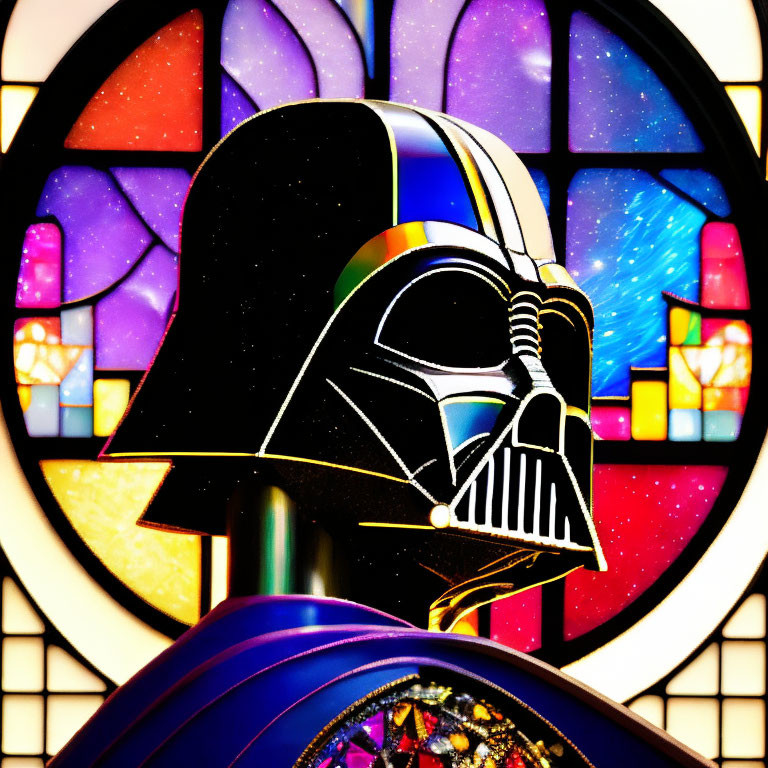 Character in Black Helmet Against Colorful Stained Glass Background