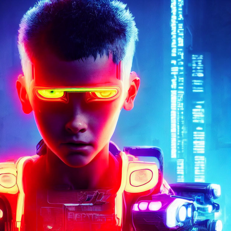 Futuristic boy with glowing orange eyewear and high-tech suit