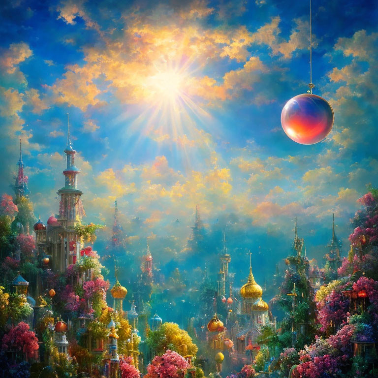 Fantasy landscape with ornate towers, lush trees, colorful flora, sunburst, and hanging orb