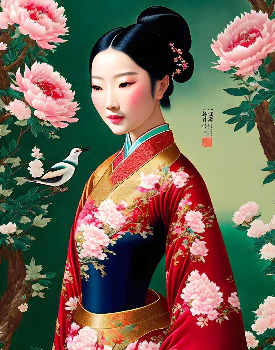 Traditional Asian Woman in Red and Gold Kimono Among Pink Blossoms