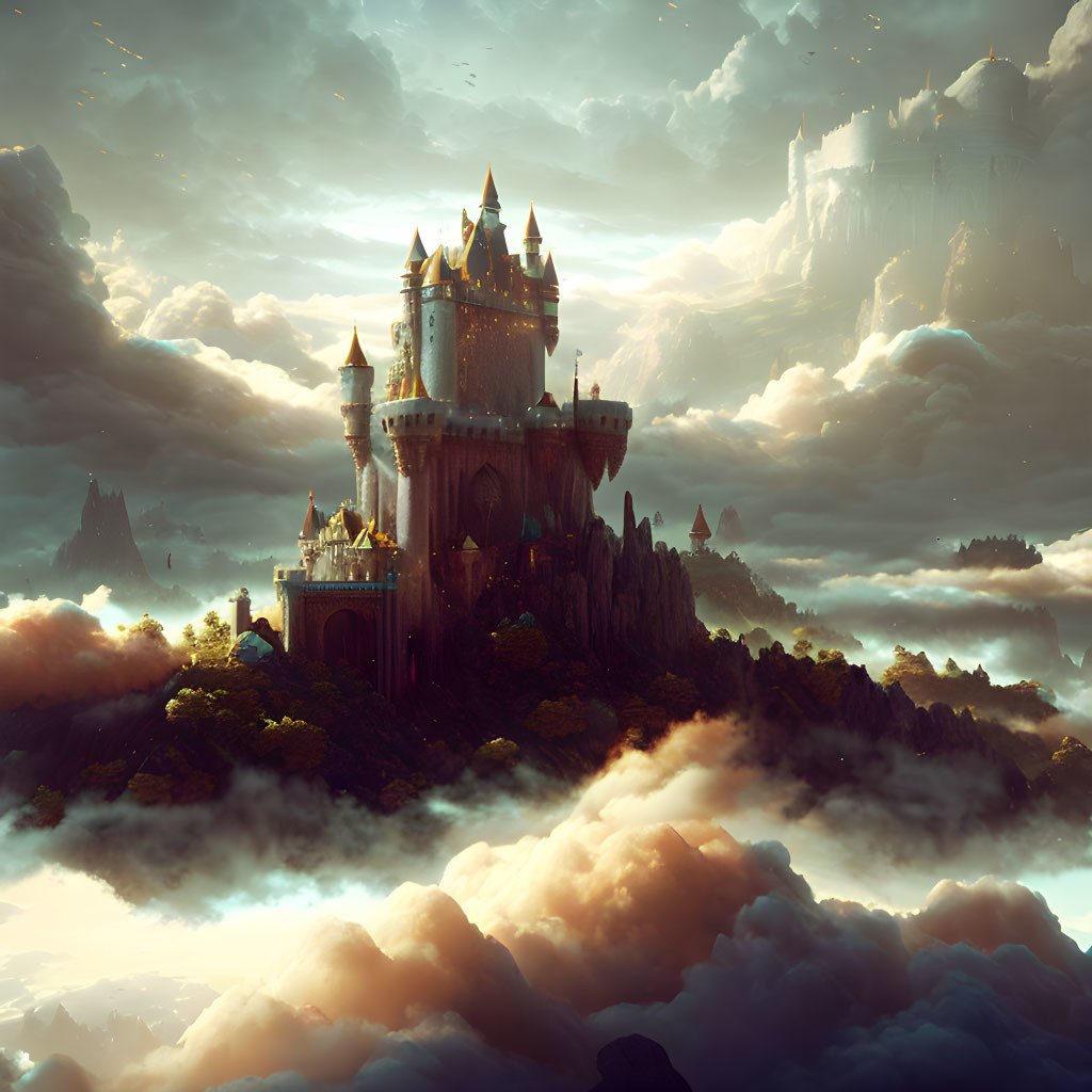 Ethereal castle on rocky peak enveloped in clouds