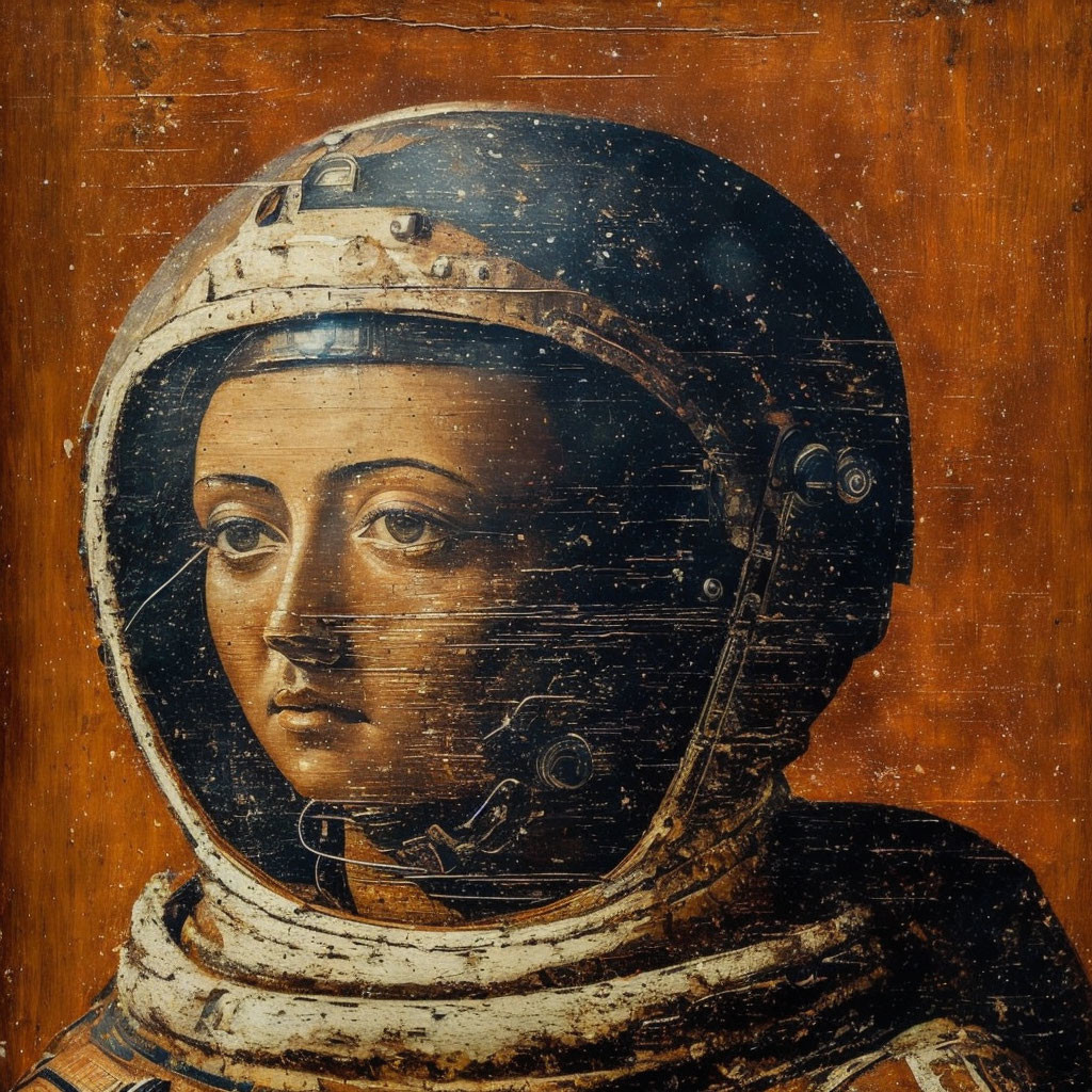 Vintage painting: Person in astronaut helmet with serene expression on brown background