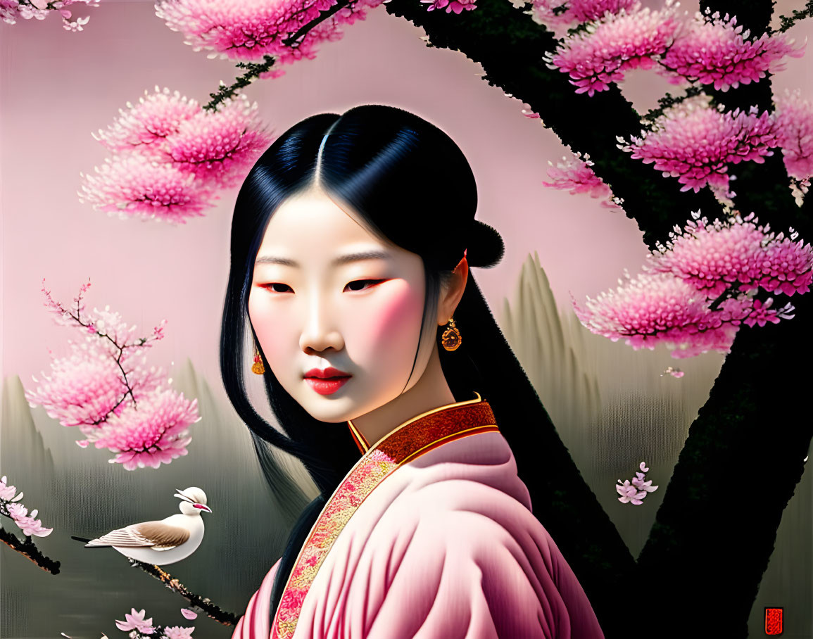 East Asian woman in traditional attire with cherry blossoms and white bird.