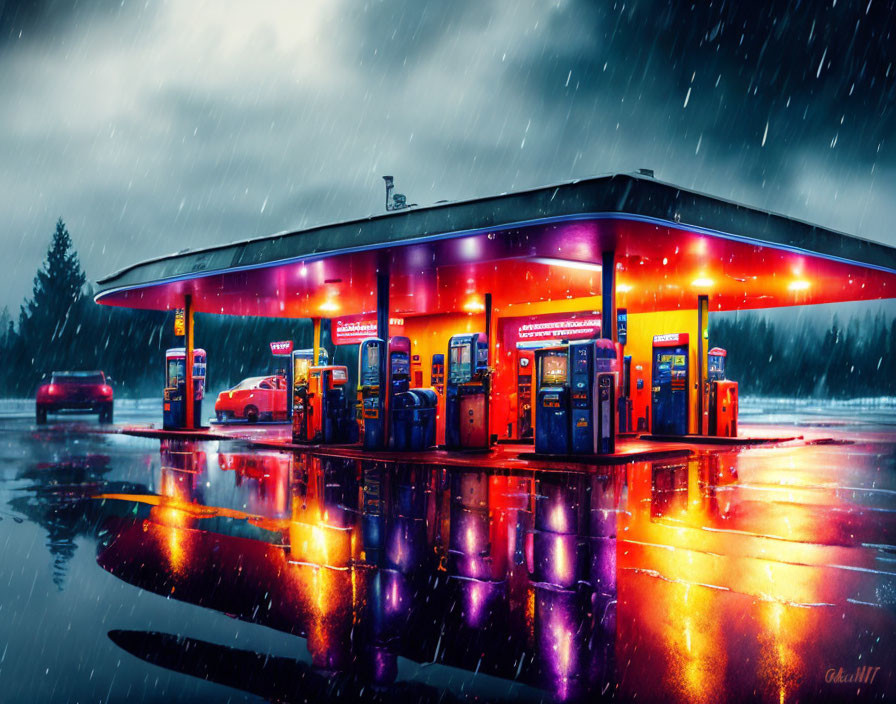 Rainy Night Gas Station with Colorful Lights Reflecting on Wet Ground