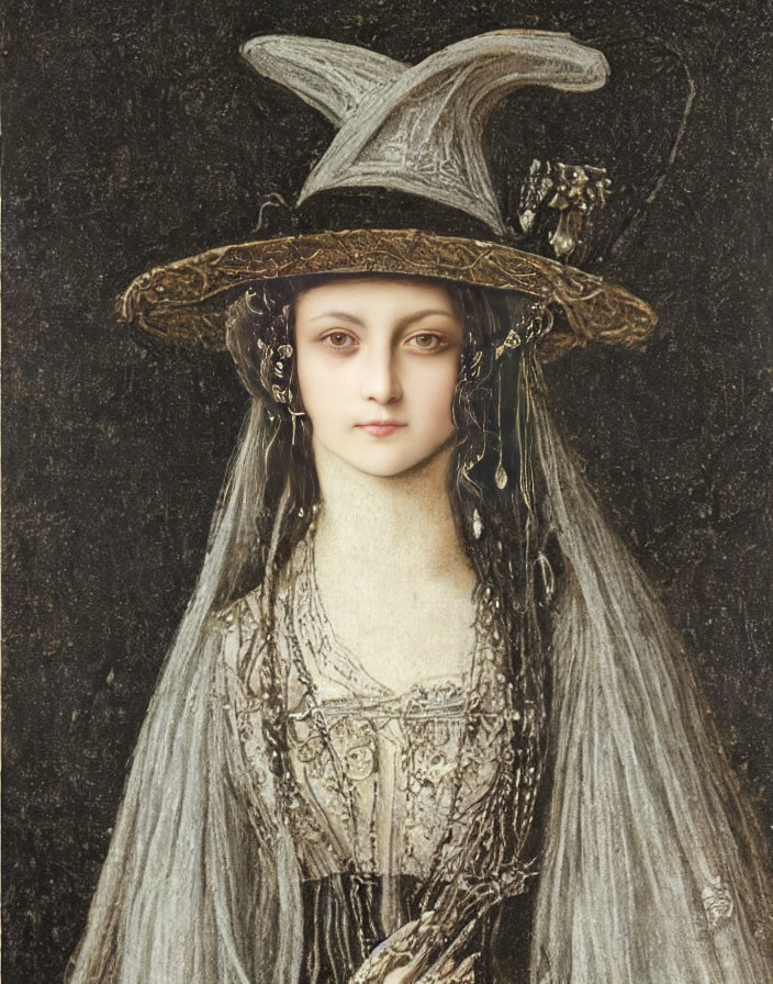 Surreal portrait: Mona Lisa's face with witch's hat and veil