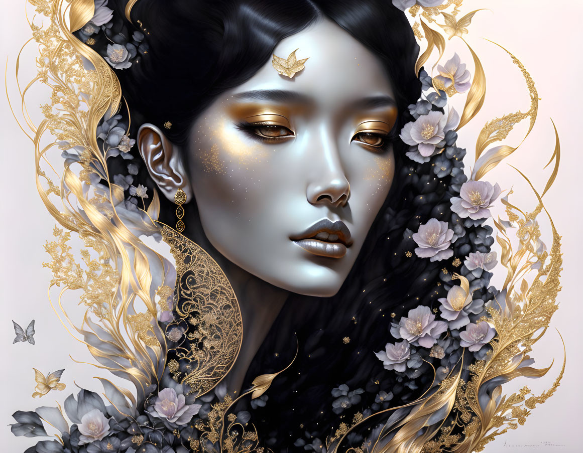 Dark-haired woman portrait with golden filigree and pale flowers, exuding serenity.