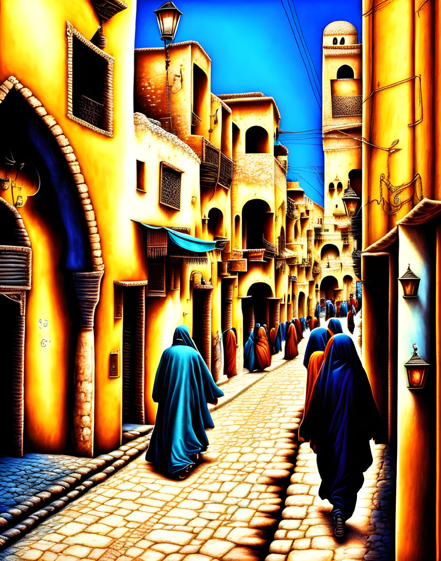 Colorful painting: People in blue cloaks walking through sunlit alley.