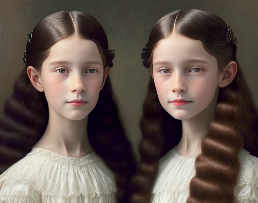 Twin girls digital artwork: brown hair, white dresses, vintage aesthetic