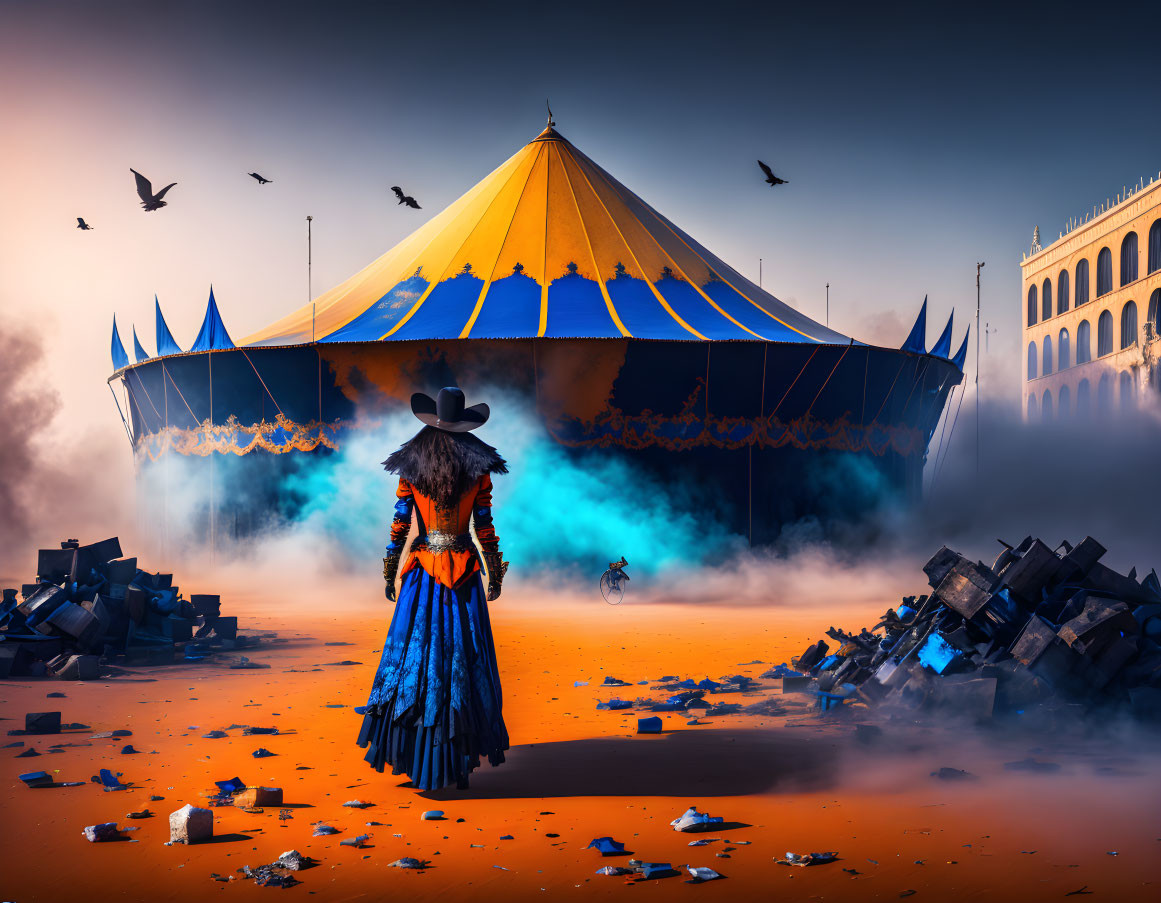 Colorfully dressed individual near circus tent in surreal, deserted setting