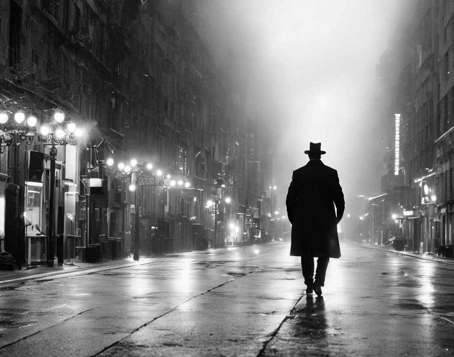 Person in hat and coat walks on misty city street at night