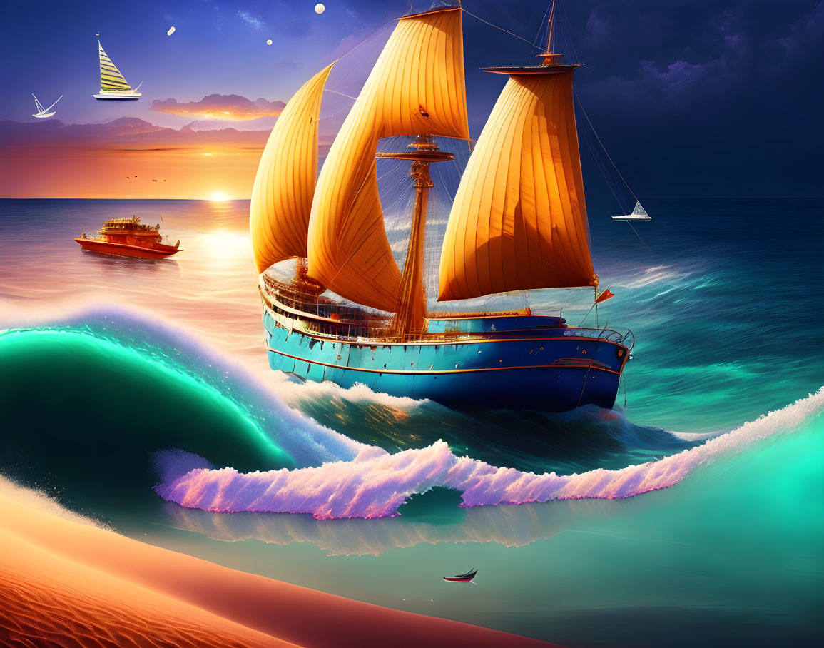 Colorful digital artwork: Blue and orange sailboat on turquoise waves at sunset with boats and seag