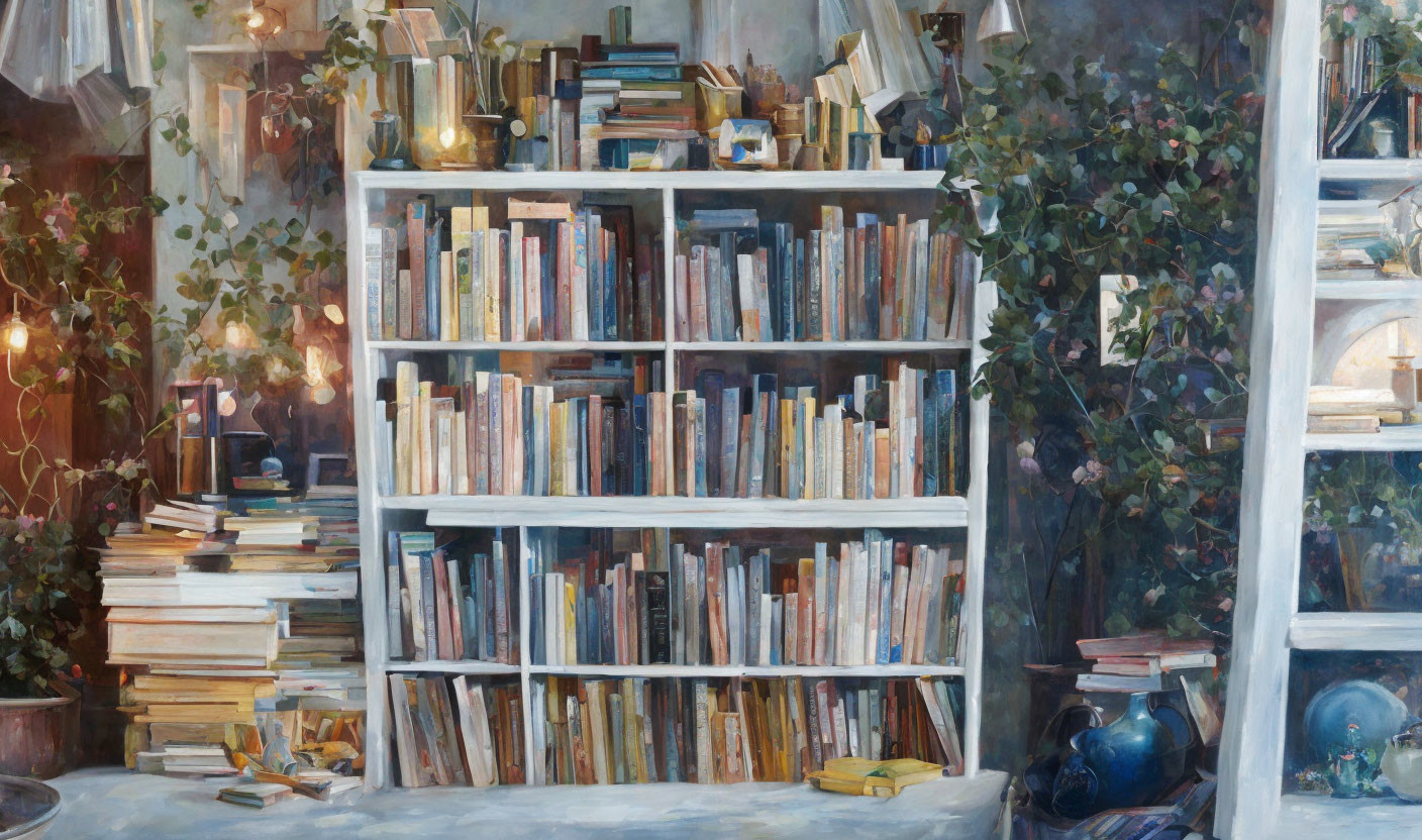 Inviting reading nook with bookshelf, books, warm lighting, and plants