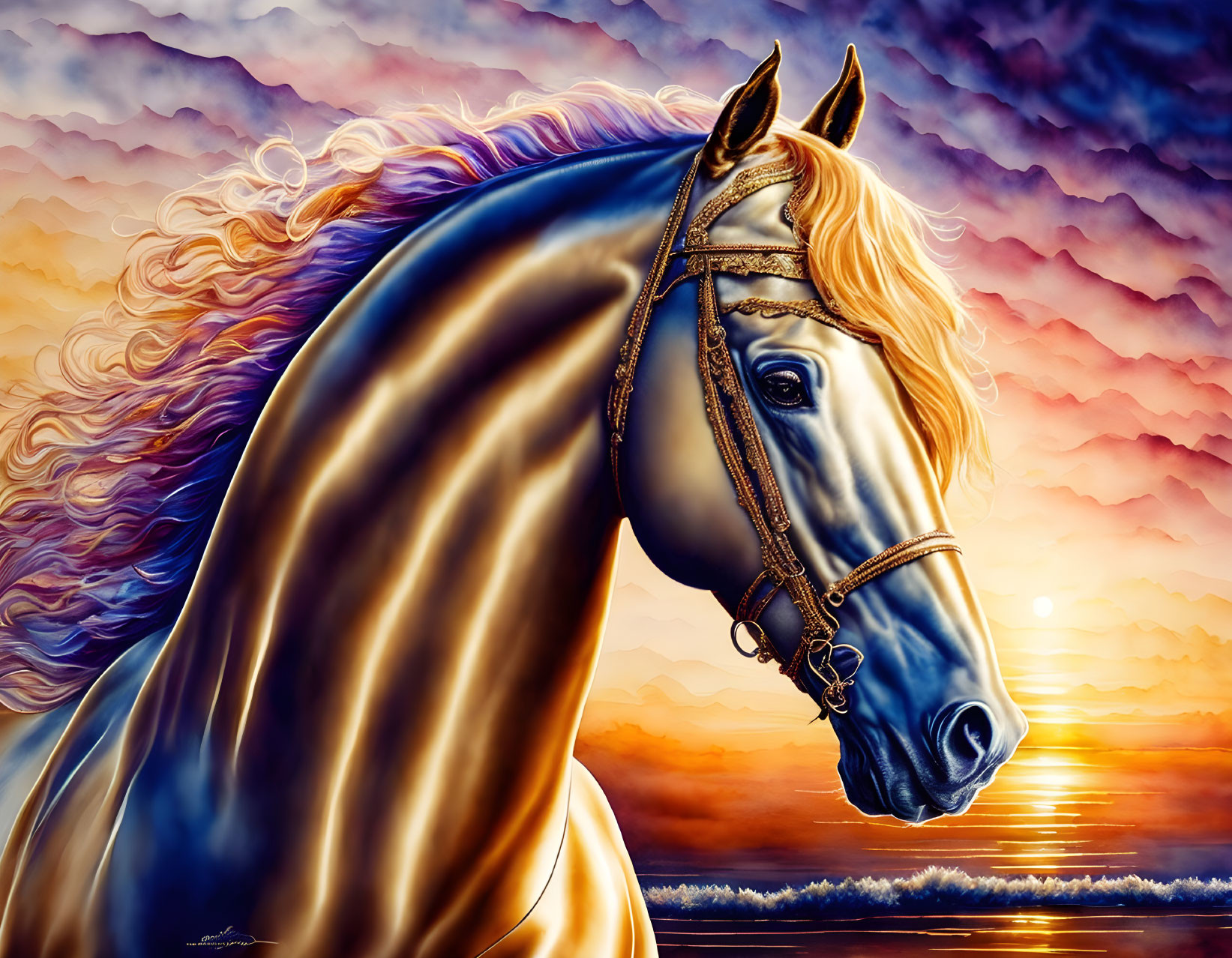 Majestic horse with flowing mane in front of vibrant sunset