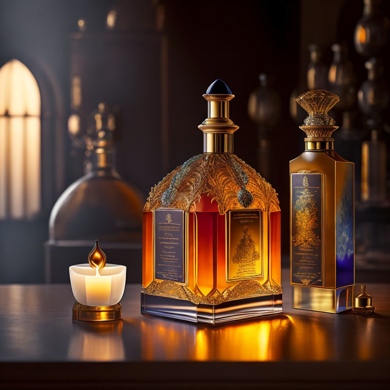 Luxurious perfume bottles with golden designs on dark table.