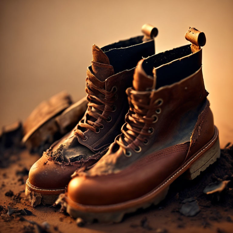 Worn-out Brown Leather Boots on Dry, Cracked Ground