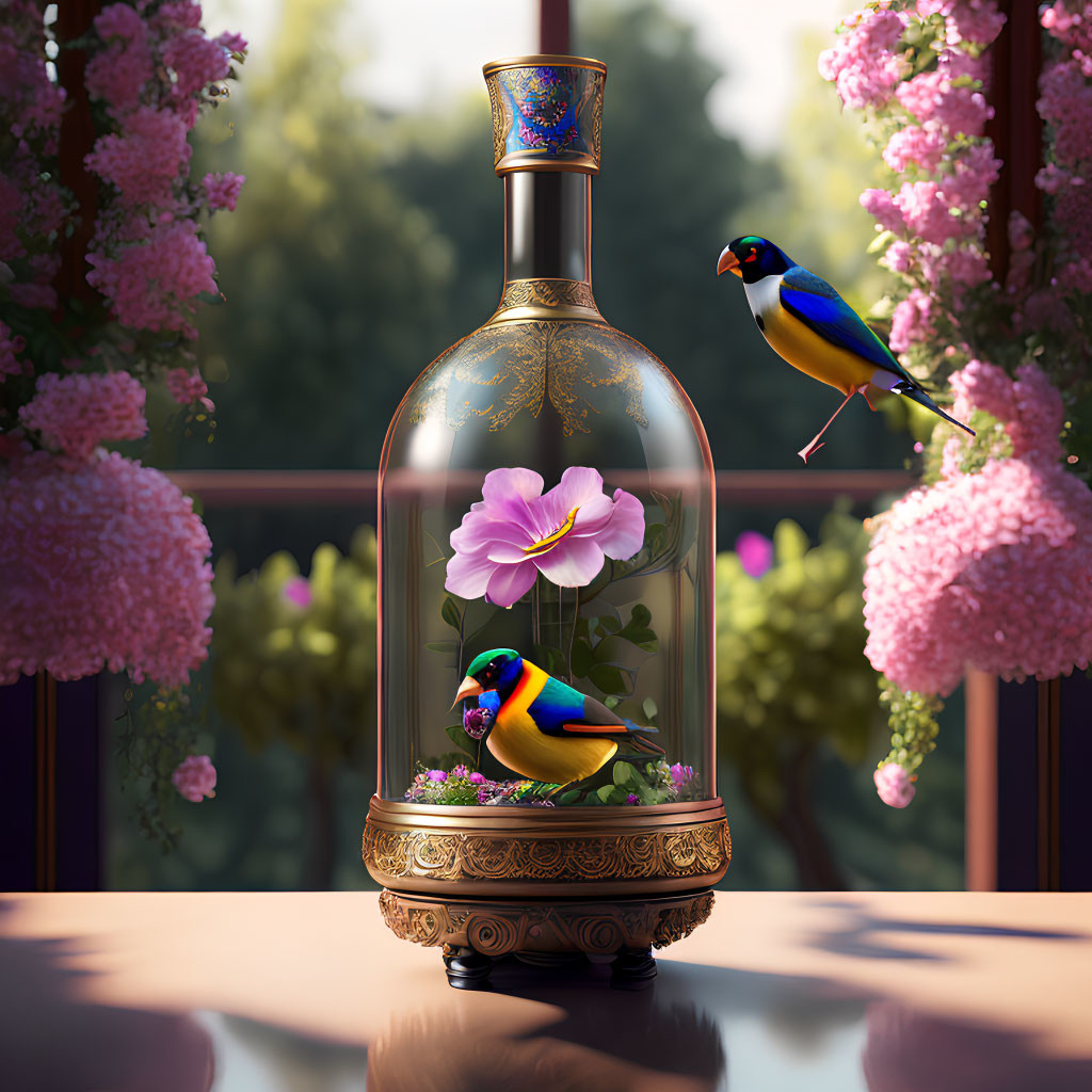 Colorful Bird Perched in Glass Dome with Flowers and Ornate Base