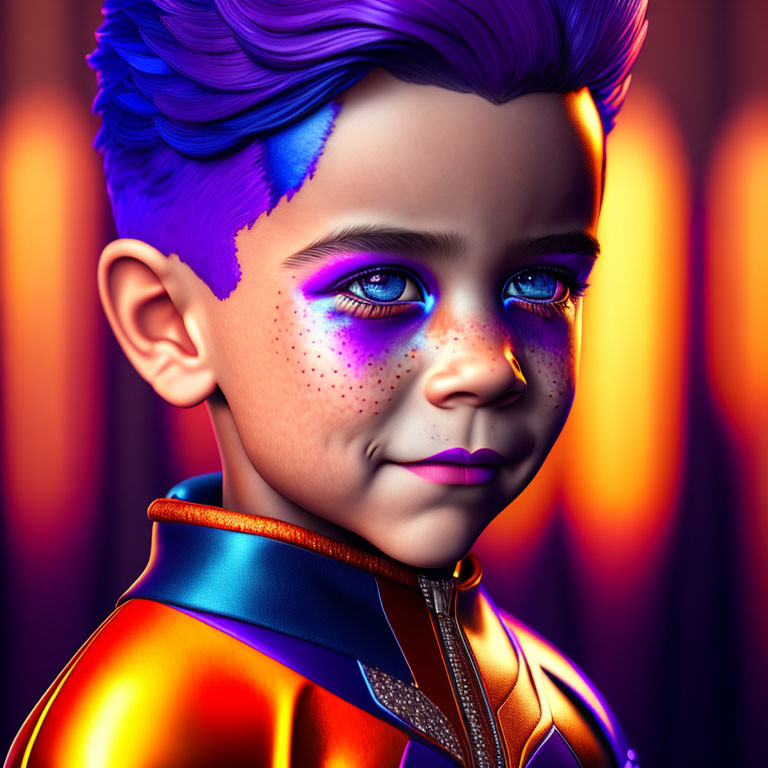 Child with Blue Hair in Futuristic Outfit on Abstract Background