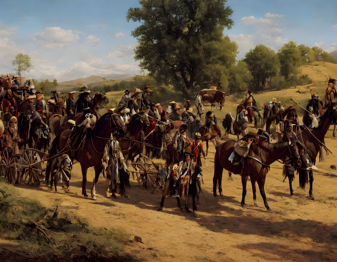 19th-Century Painting of Native American Warriors on Horseback