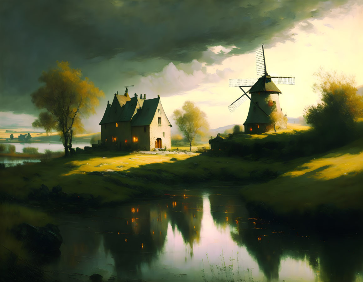 Tranquil dusk landscape with windmill, house, and reflective water.