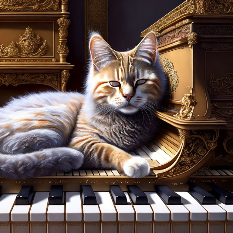 Majestic cat on piano keys with ornate, gilded elements