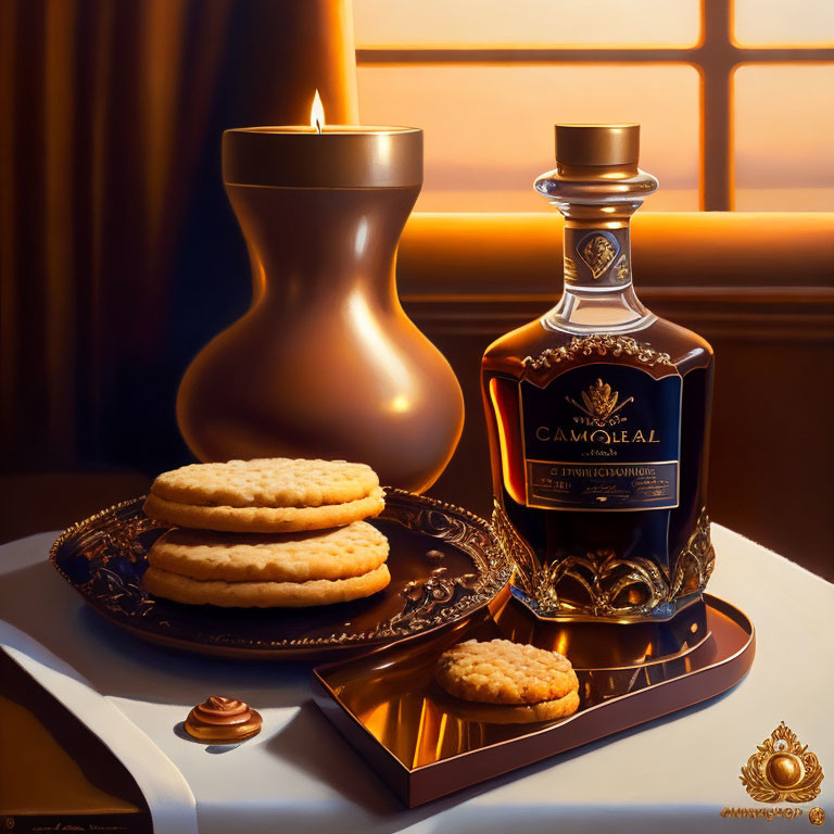 Lit candle, Camus Cognac bottle, cookies on plate in warm sunset light