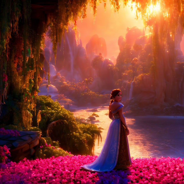 Vibrant animated princess in sunset landscape with pink petals