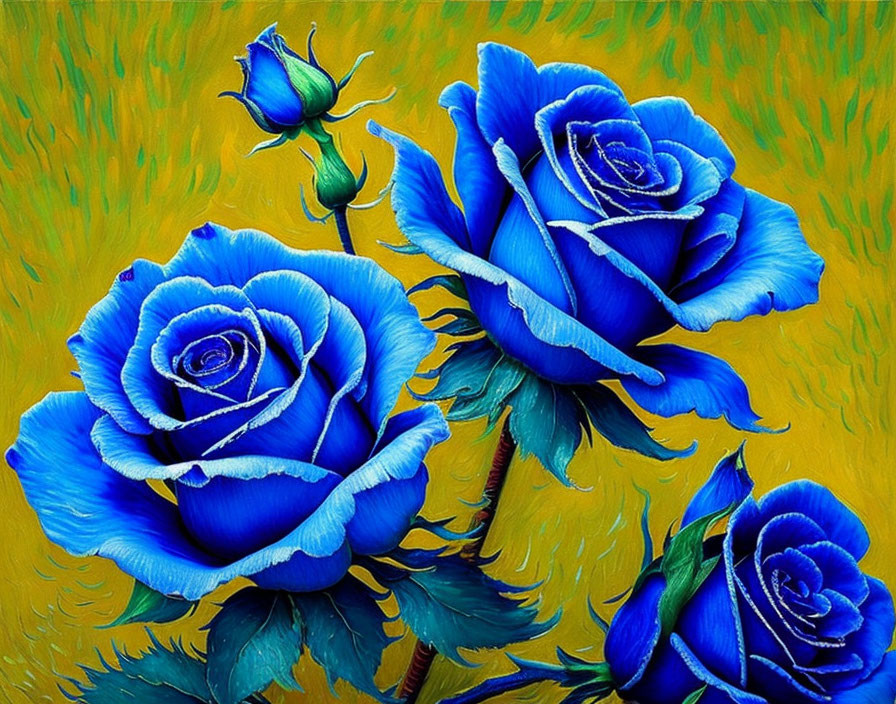 Vibrant Painting of Three Blue Roses on Textured Yellow-Green Background