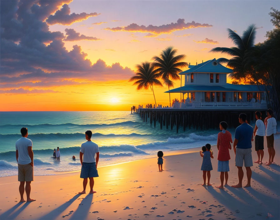 Vibrant beach sunset with people, pier house, palm trees