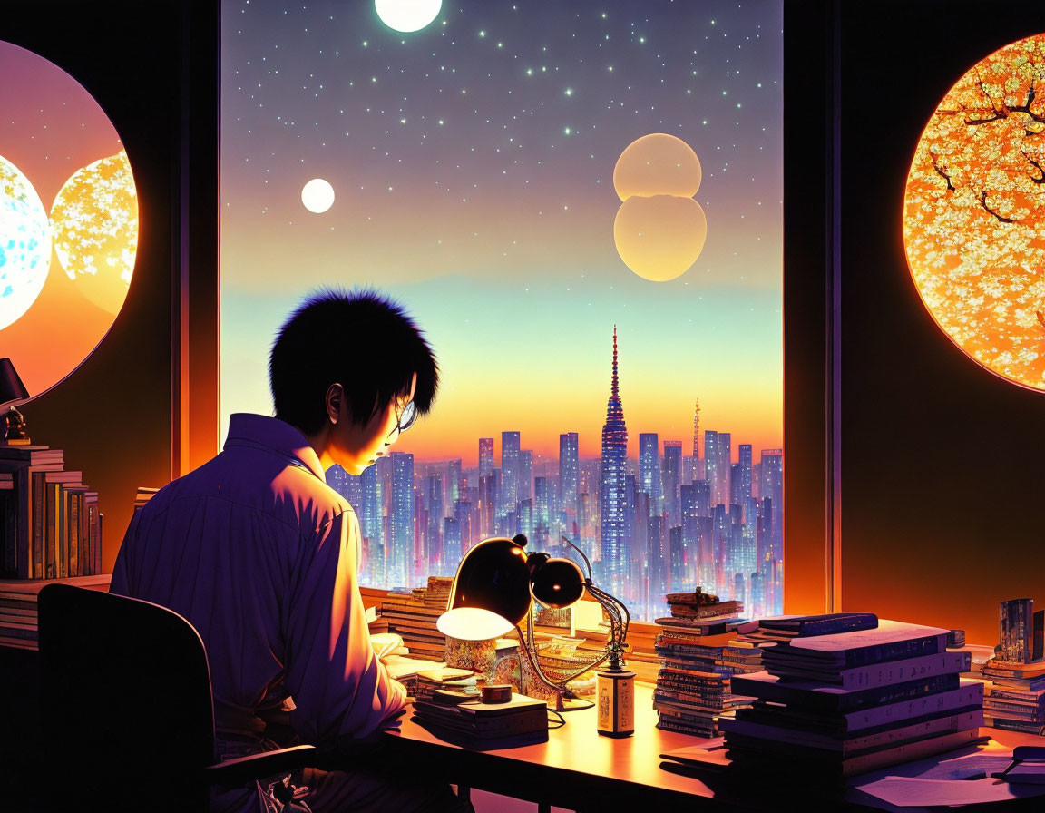 Person studying by lamplight with surreal celestial bodies in vibrant cityscape