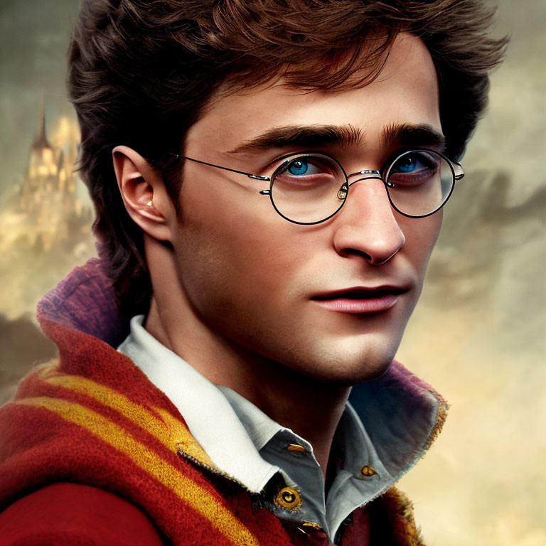 Young man with round glasses and intense gaze in digital artwork