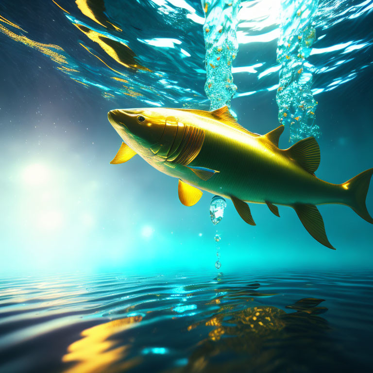 Golden fish swimming underwater with light rays and bubbles - serene aquatic scene