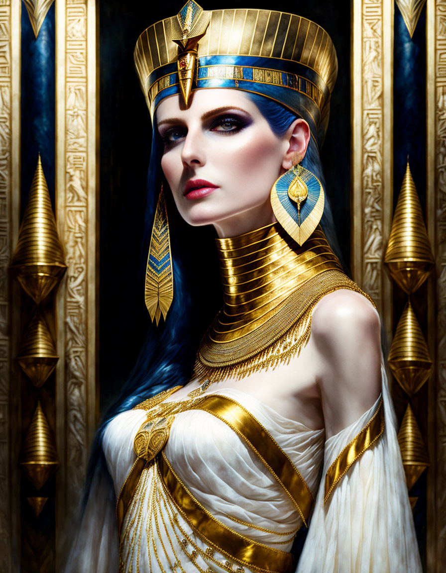 Woman in Egyptian queen attire with golden headdress and hieroglyphic backdrop