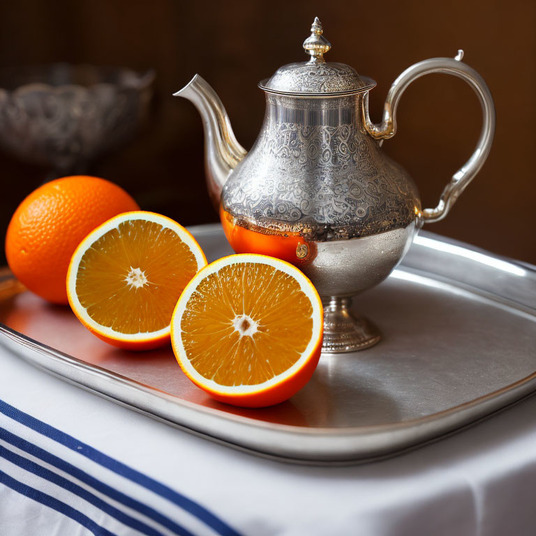 Silver ornate teapot with whole and sliced oranges on tray - vibrant citrus contrast