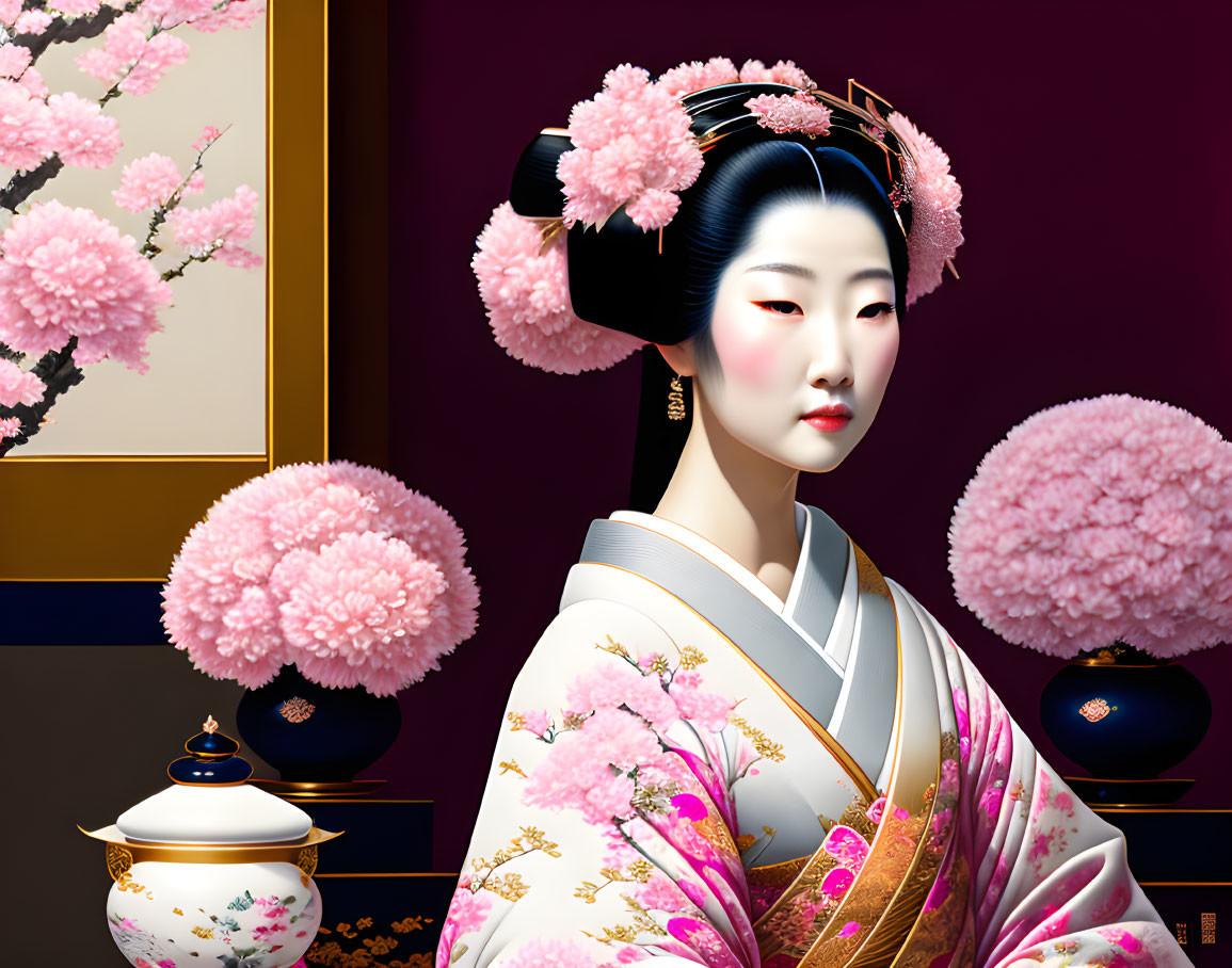 Digital illustration: Geisha in kimono with pink flowers, cherry blossoms, and vases