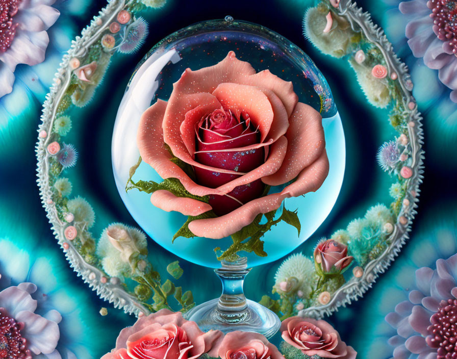 Digital artwork: central rose in bubble with floral patterns on blue background