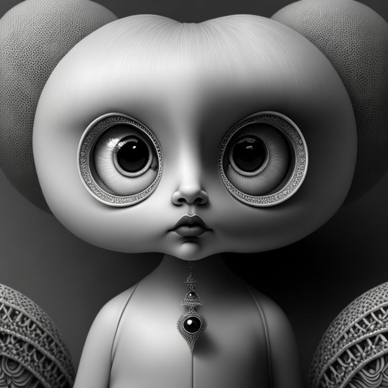 Stylized character with oversized eyes and ornate patterns