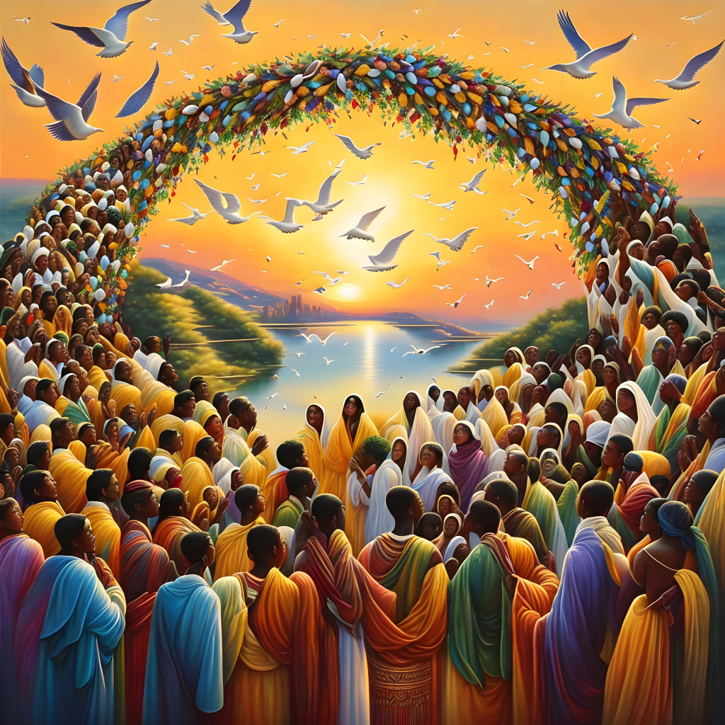 Colorful painting: Diverse group in vibrant attire watching sunset