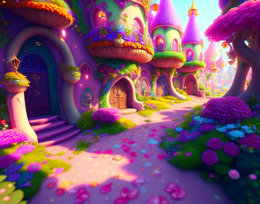 Whimsical mushroom-shaped fantasy village with colorful flora