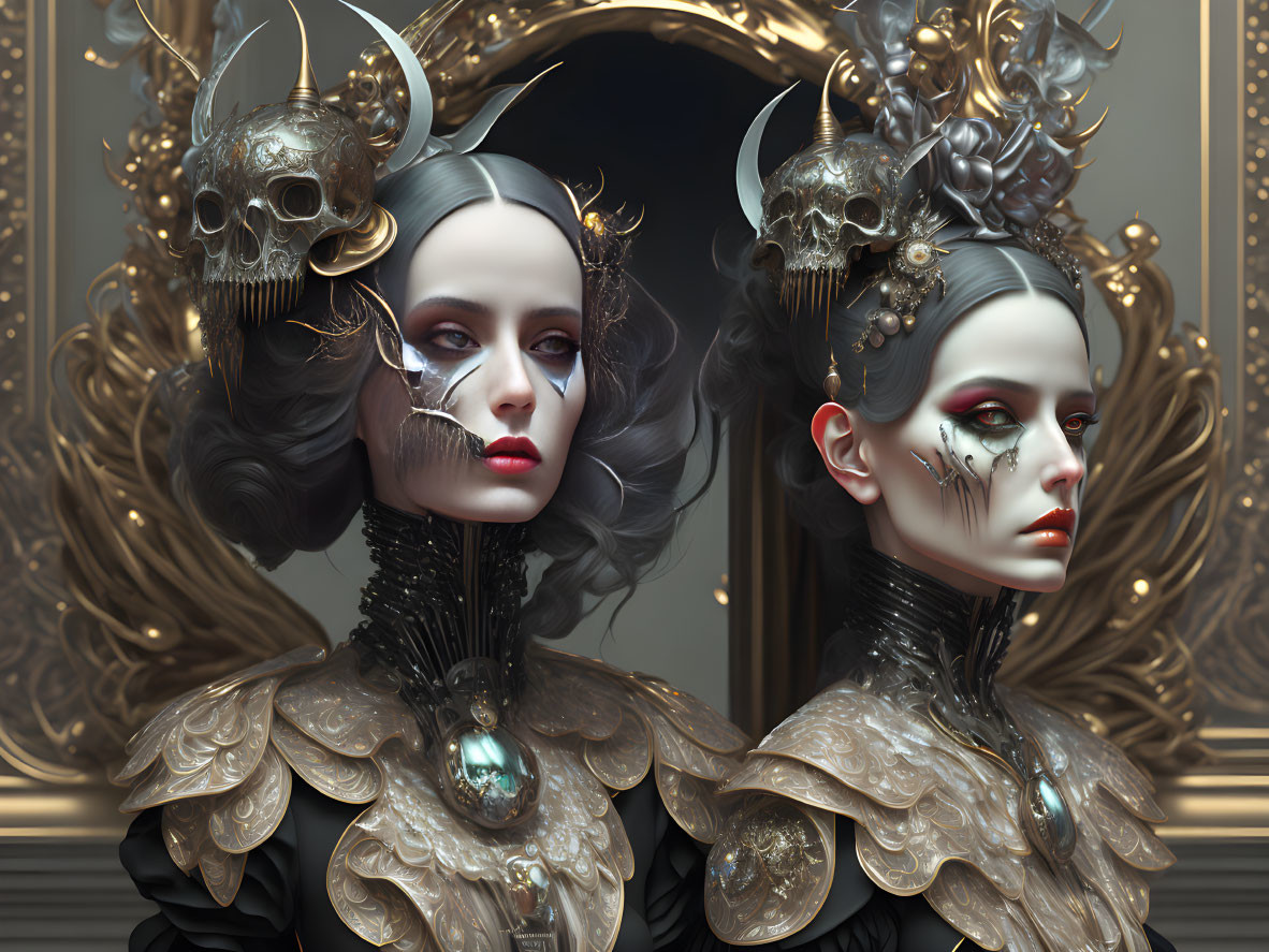 Ornate Gothic-Inspired Headpieces on Two Women