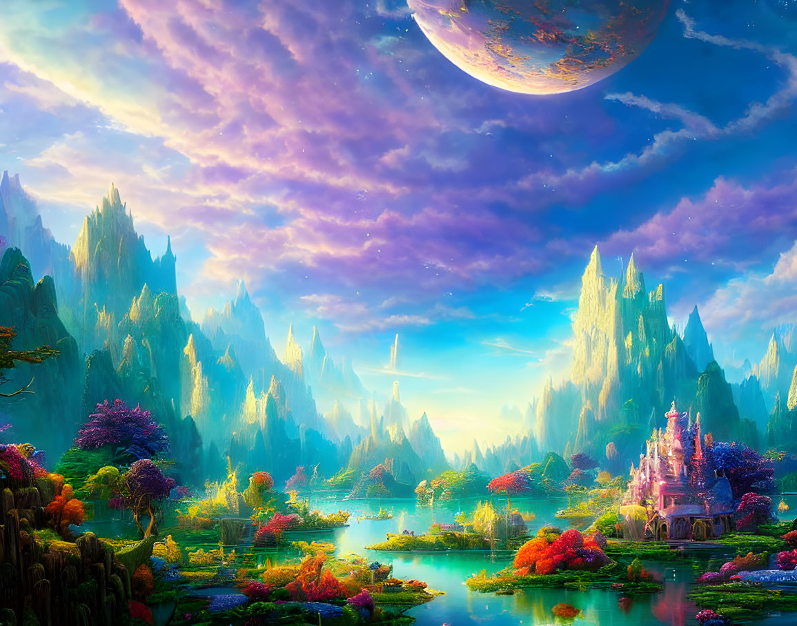 Fantasy landscape with castle, lake, mountains, moon, and pink clouds