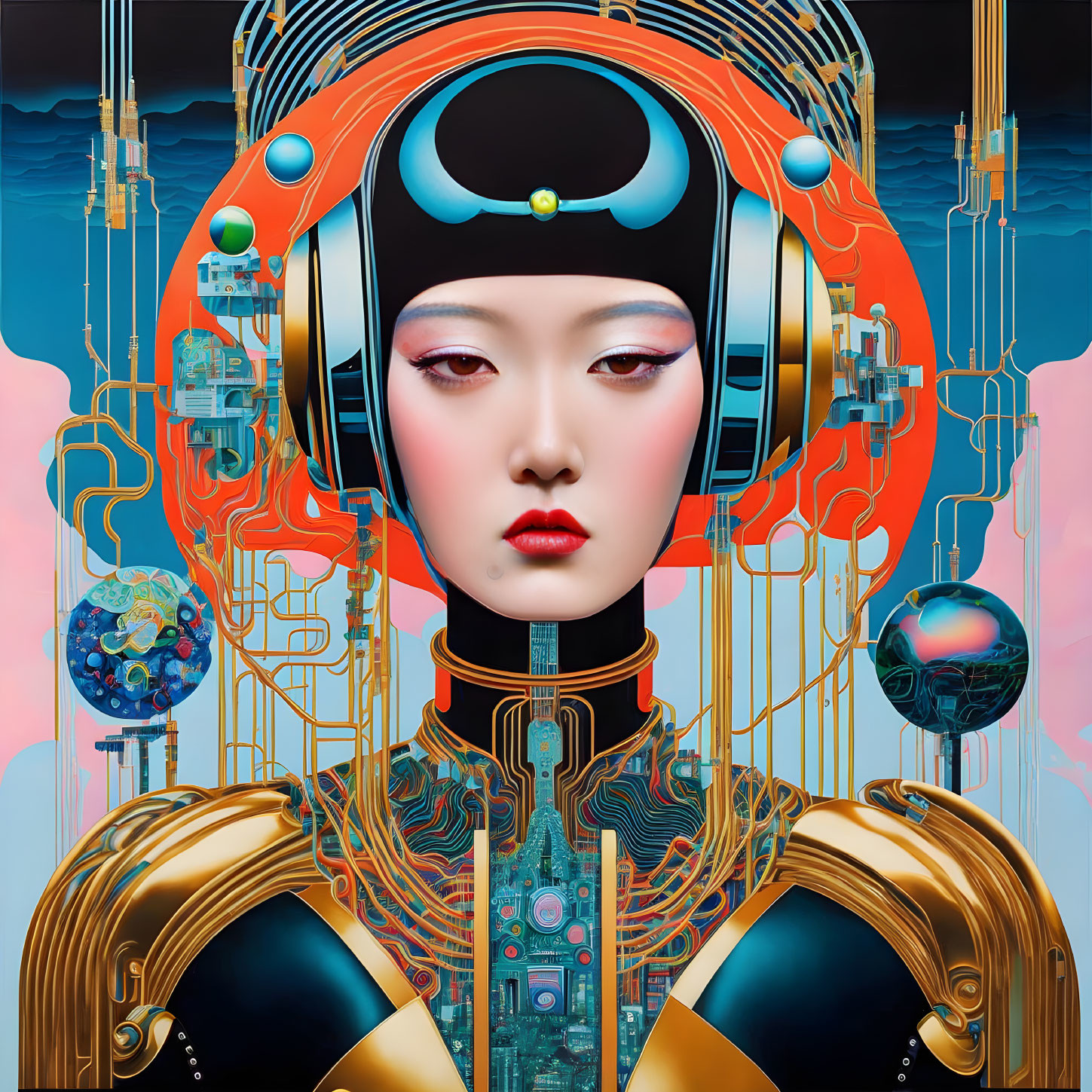 Futuristic digital artwork: stylized cyborg woman with ornate headphones, vibrant circuitry details