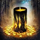 Tree Design Candle Holder Casting Warm Glow on Wooden Surface