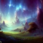 Surreal landscape with towering spires and lush valley under starry night sky