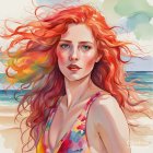 Vibrant red-haired woman in colorful swimsuit on serene beach