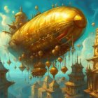 Golden fantasy airship above ornate city of spires and domes under warm sky
