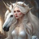 Fantasy illustration of woman with crown and unicorn in mystical forest