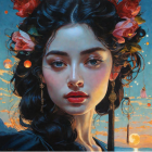 Digital artwork: Woman with black hair and flowers, earrings, sunset sky, floating orbs.